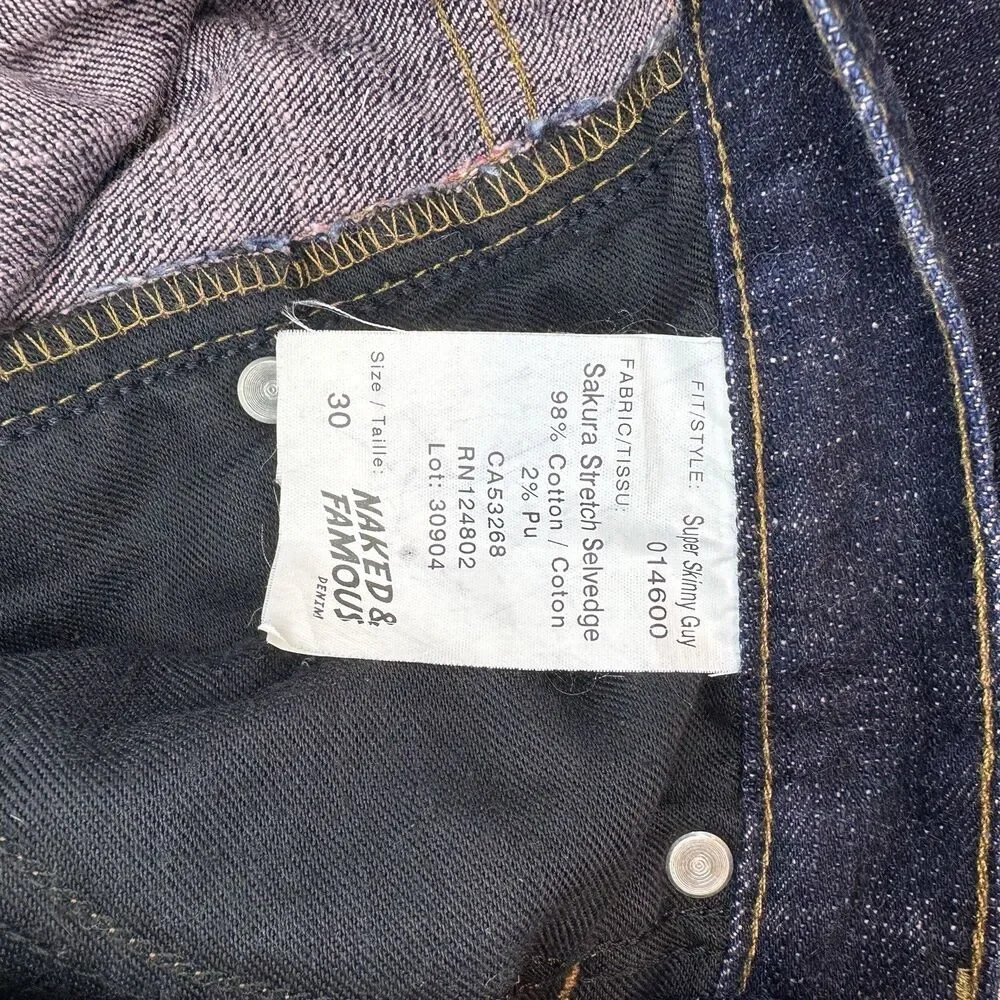 Naked and Famous Jeans Mens 30 Indigo Selvedge denim Super Skinny Guy button fly